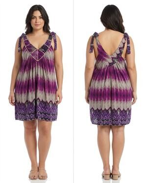 Erica Brooke Purple Beaded Mini Tie-Dye Dress Women Size 14